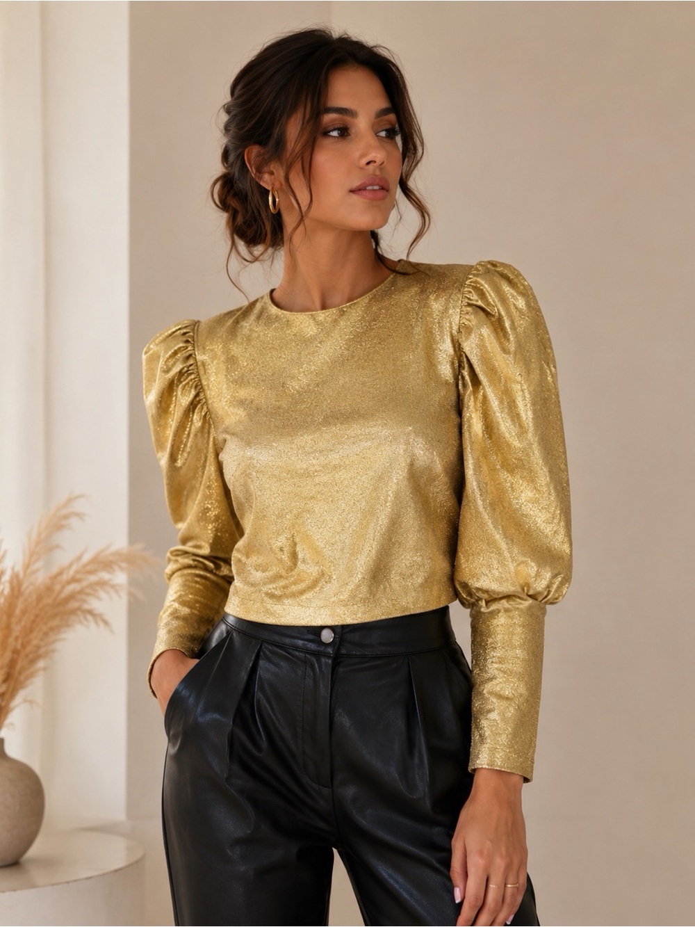 Zara Metallic Gold Puff-Sleeve Blouse